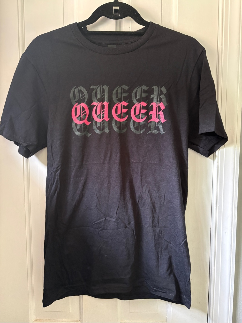 Soft Black Short-Sleeve Tee with Pink Gothic QUEER Print lgbtqia
